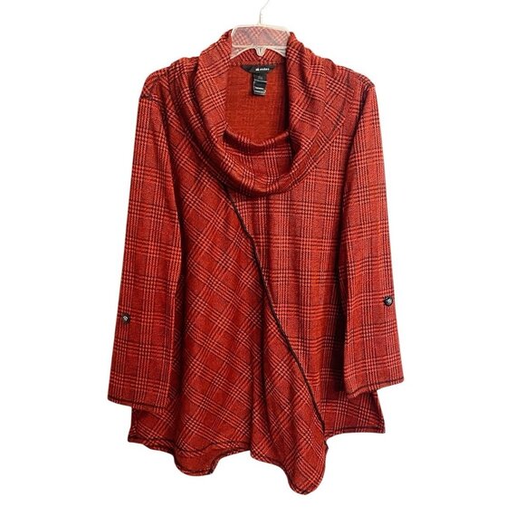 Ali Miles Red Plaid Cowl Neck Asymmetrical Tunic Top Roll Tab Sleeve Cozy Size L - Picture 4 of 11